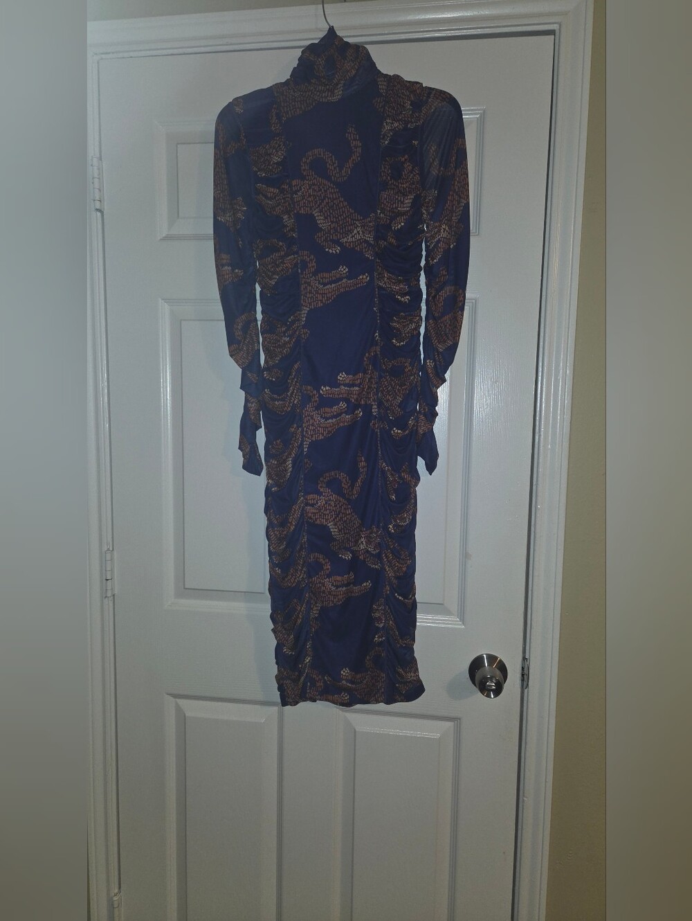 FARM Rio Navy Dress with Brown Abstract Print — Long Sleeve Ruched,Sm,New